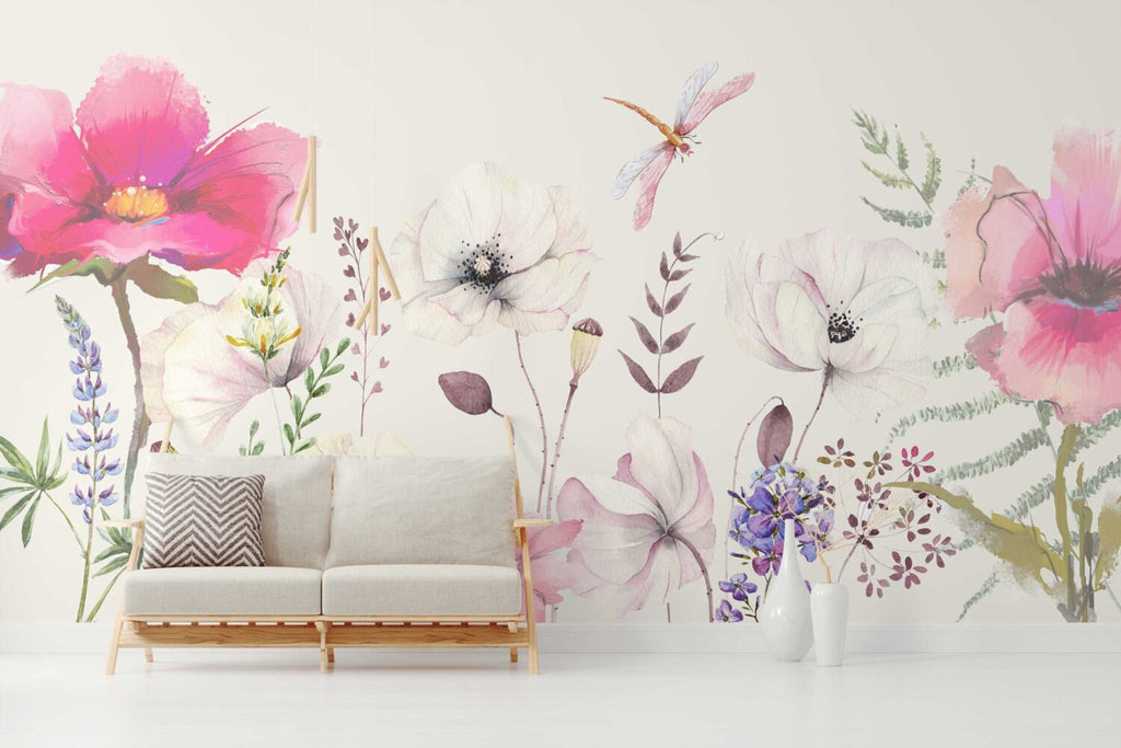 Soft Watercolor Wildflower Wallpaper : Pink Lilac Floral Mural