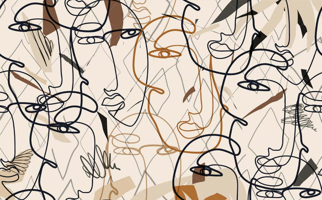 Boho Line Face Wallpaper : Abstract One-Line Art Mural - View 2