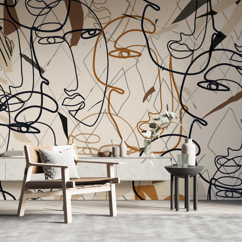 Boho Line Face Wallpaper : Abstract One-Line Art Mural