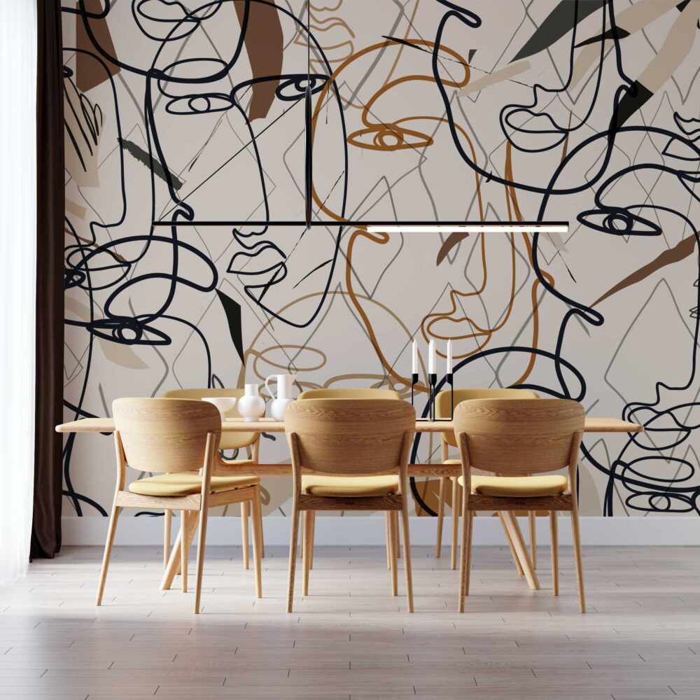 Boho Line Face Wallpaper : Abstract One-Line Art Mural - View 3