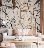 Boho Line Face Wallpaper : Abstract One-Line Art Mural - View 4