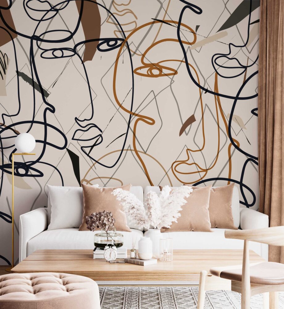 Boho Line Face Wallpaper : Abstract One-Line Art Mural - View 4