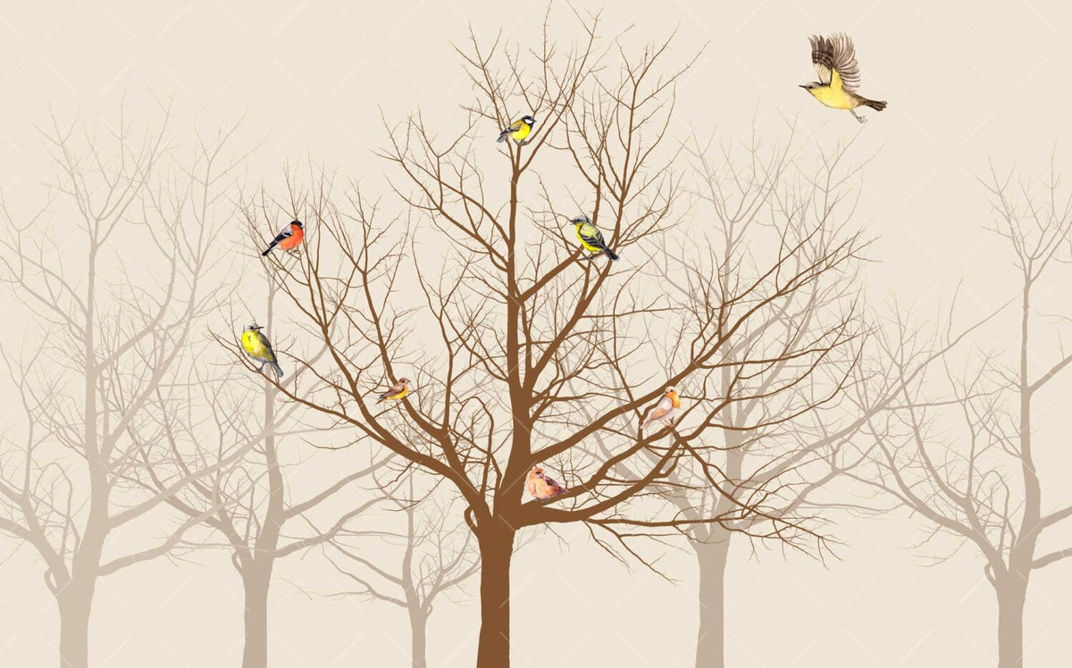 Sepia Bare Tree Bird Wallpaper : Neutral Branch Mural - View 2