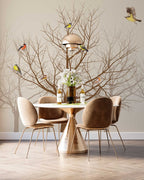 Sepia Bare Tree Bird Wallpaper : Neutral Branch Mural