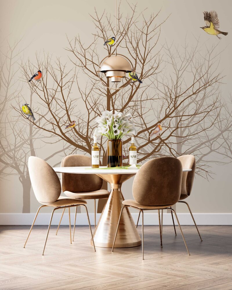 Sepia Bare Tree Bird Wallpaper : Neutral Branch Mural