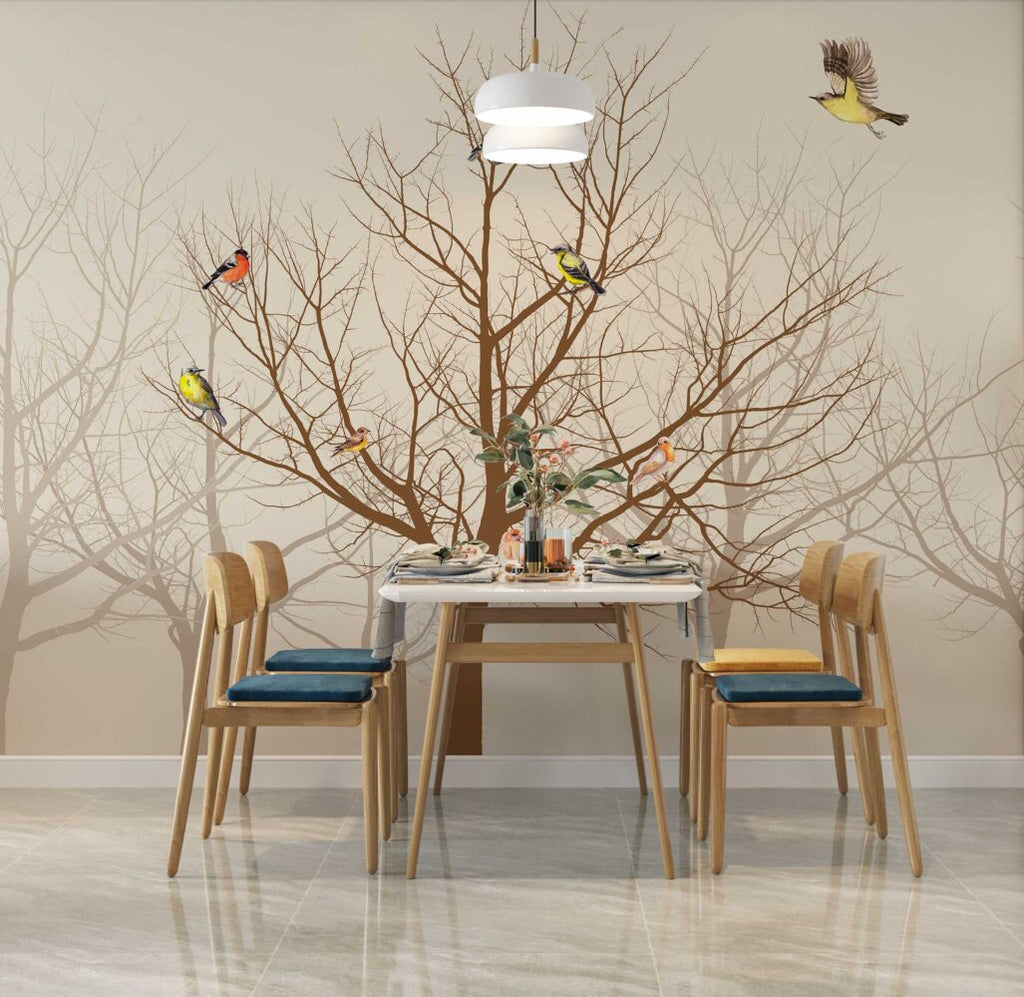 Sepia Bare Tree Bird Wallpaper : Neutral Branch Mural - View 3