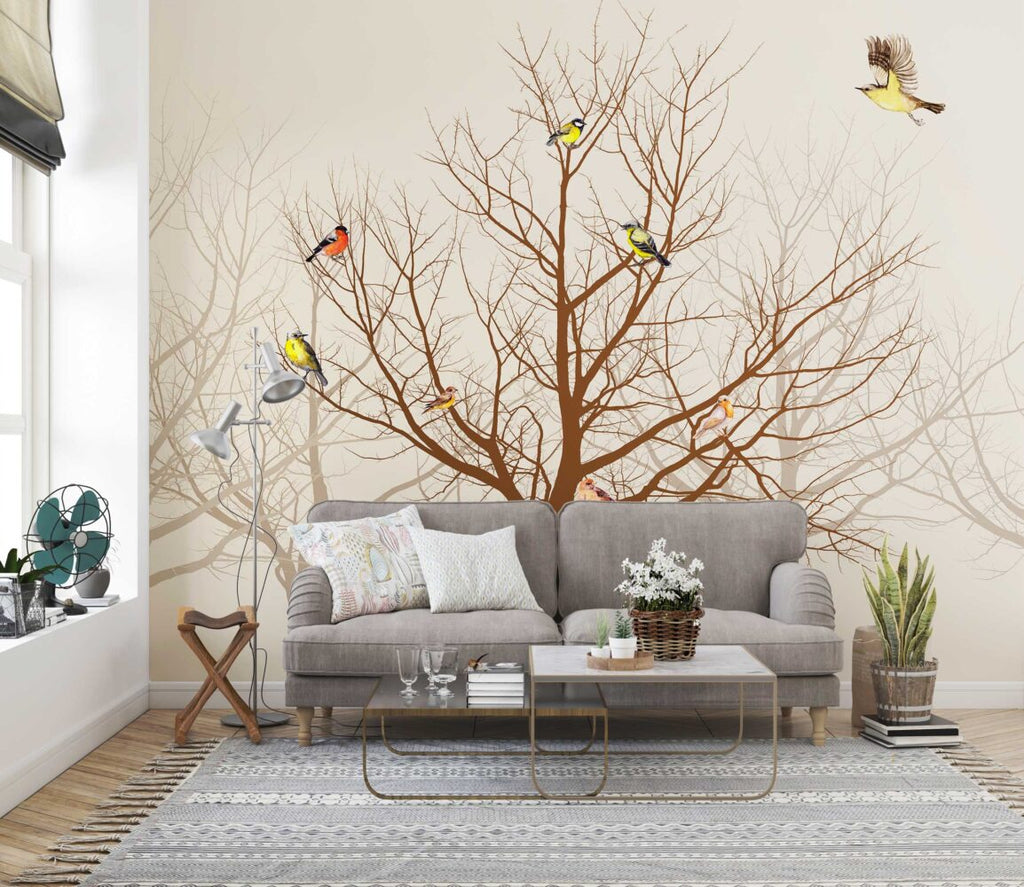 Sepia Bare Tree Bird Wallpaper : Neutral Branch Mural - View 4