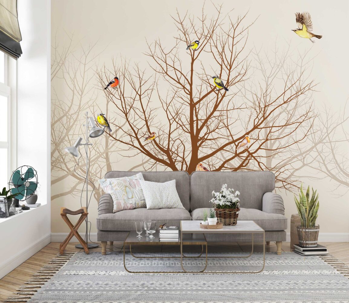 Sepia Bare Tree Bird Wallpaper : Neutral Branch Mural - View 4