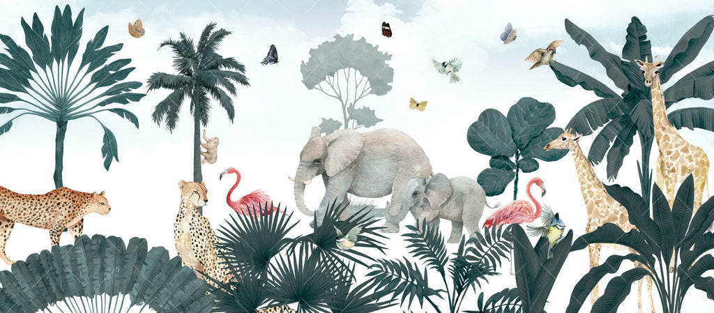 Elephant Tiger Safari Wallpaper : Tropical Jungle Kids Mural - View 2