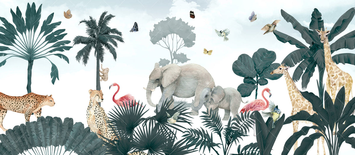 Elephant Tiger Safari Wallpaper : Tropical Jungle Kids Mural - View 2