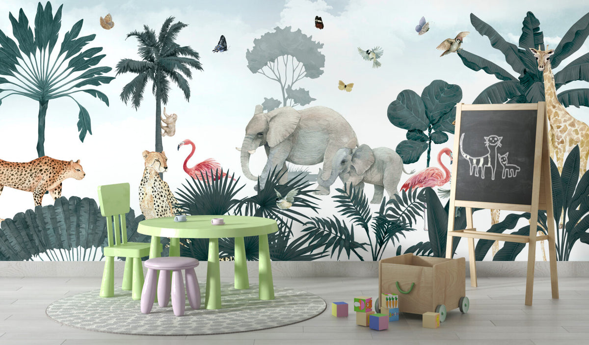 Elephant Tiger Safari Wallpaper : Tropical Jungle Kids Mural