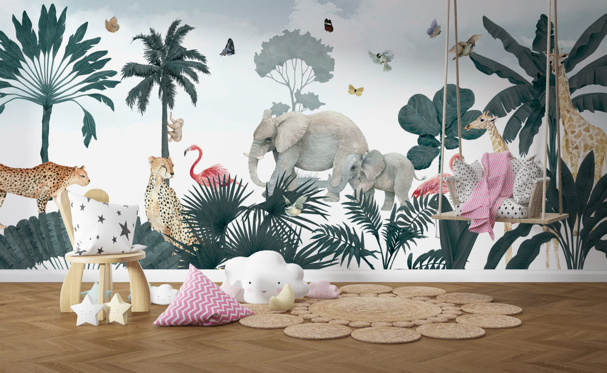 Elephant Tiger Safari Wallpaper : Tropical Jungle Kids Mural - View 4