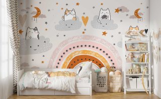 Rainbow Cats Clouds Wallpaper : Playful Kids Mural - View 3