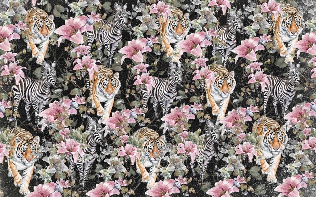 Zebra And Tiger Floral Wallpaper : Dark Jungle Lily Mural - View 2