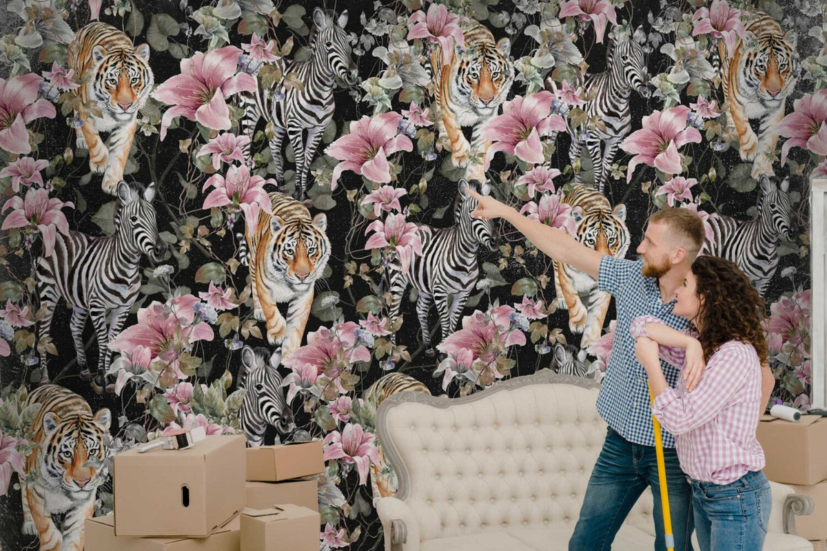 Zebra And Tiger Floral Wallpaper : Dark Jungle Lily Mural - View 3