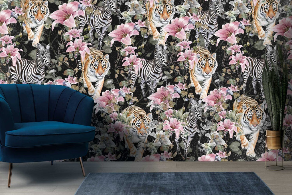 Zebra And Tiger Floral Wallpaper : Dark Jungle Lily Mural