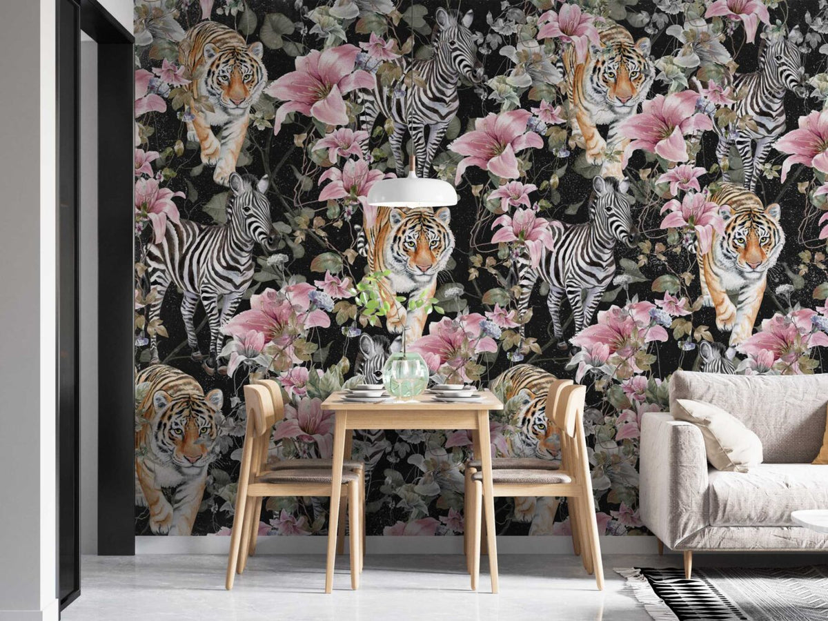 Zebra And Tiger Floral Wallpaper : Dark Jungle Lily Mural - View 4