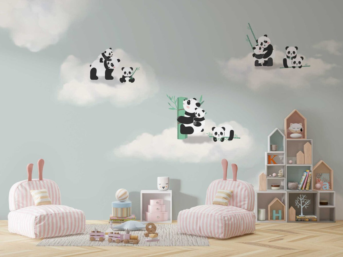 Panda Clouds Wallpaper : Sage Sky Kids Nursery Mural - View 2