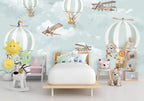 Hot Air Balloon Kids Wallpaper : Vintage Planes and Animals Mural - View 3