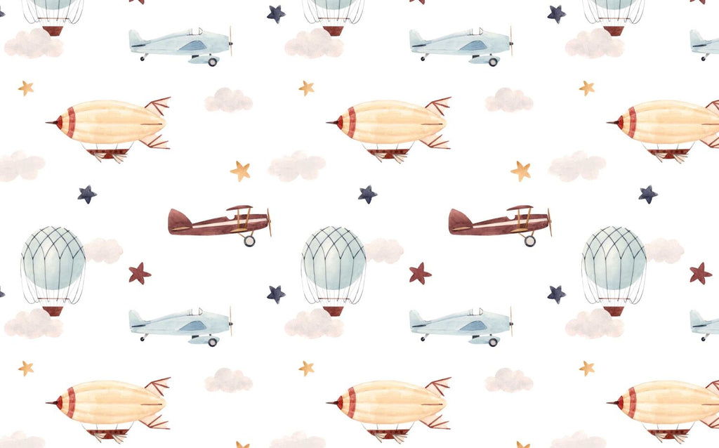 Hot Air Balloon Planes Wallpaper : Soft Nursery Sky Pattern - View 2