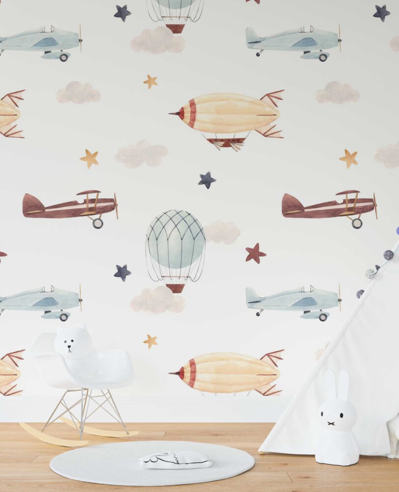 Hot Air Balloon Planes Wallpaper : Soft Nursery Sky Pattern - View 3