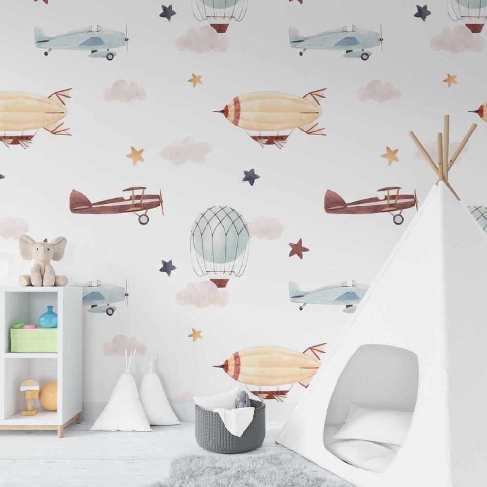 Hot Air Balloon Planes Wallpaper : Soft Nursery Sky Pattern
