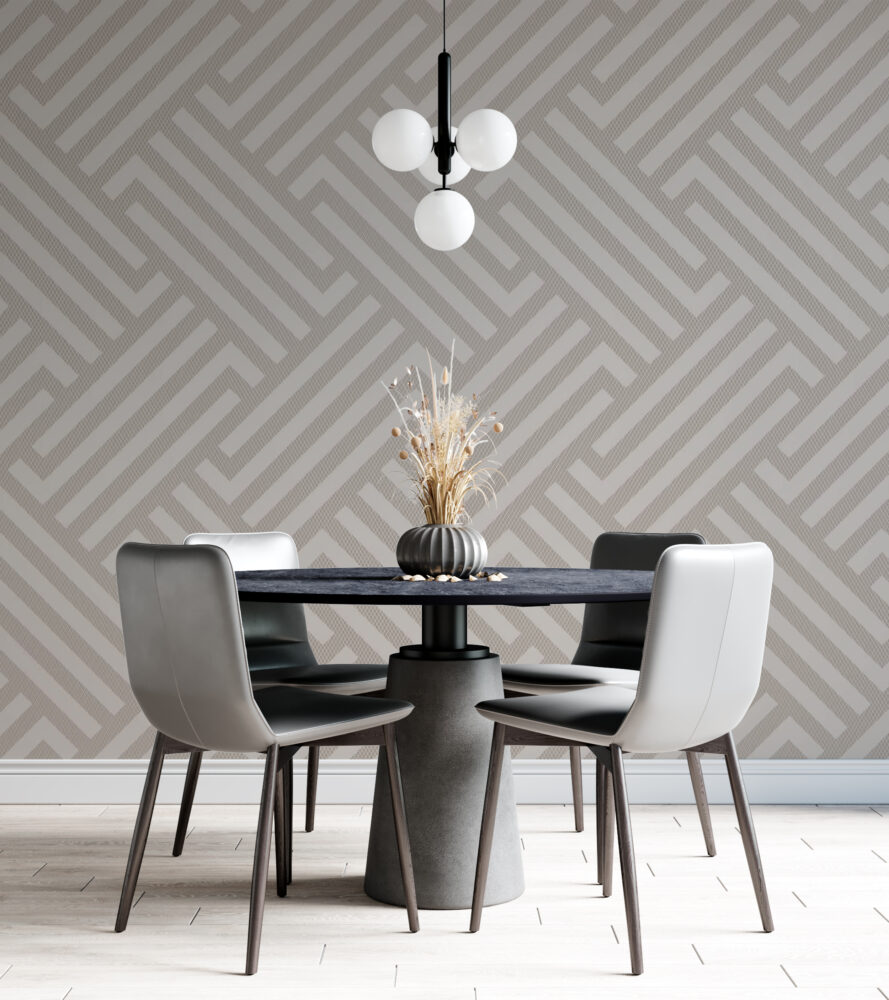 Beige Maze Geometric Wallpaper : Linear Labyrinth Pattern - View 3