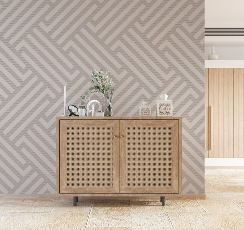 Beige Maze Geometric Wallpaper : Linear Labyrinth Pattern - View 4