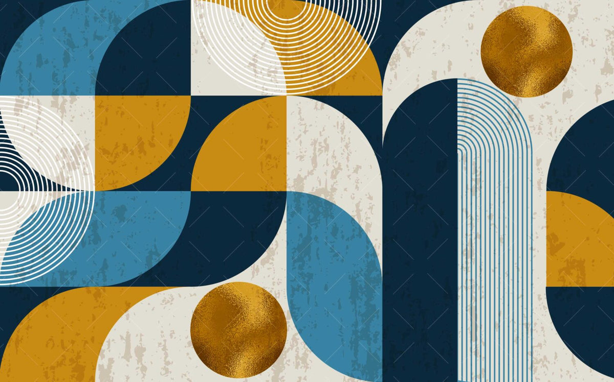 Mustard Blue Geometric Wallpaper : Bauhaus Shapes Mural - View 2