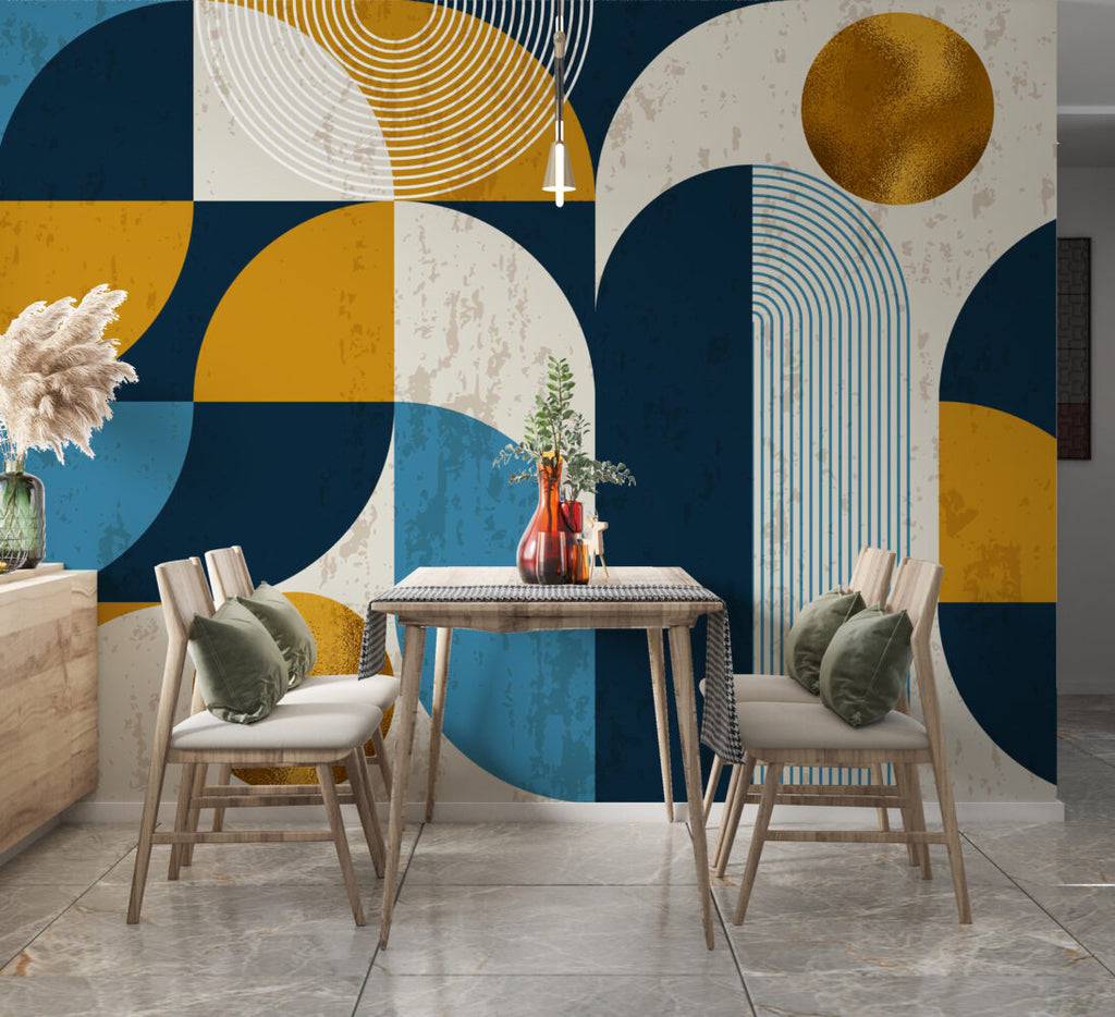 Mustard Blue Geometric Wallpaper : Bauhaus Shapes Mural - View 3