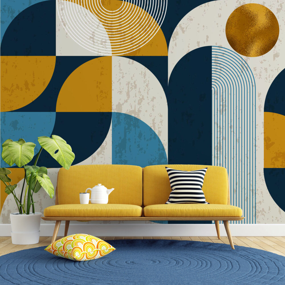 Mustard Blue Geometric Wallpaper : Bauhaus Shapes Mural