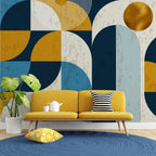 Mustard Blue Geometric Wallpaper : Bauhaus Shapes Mural