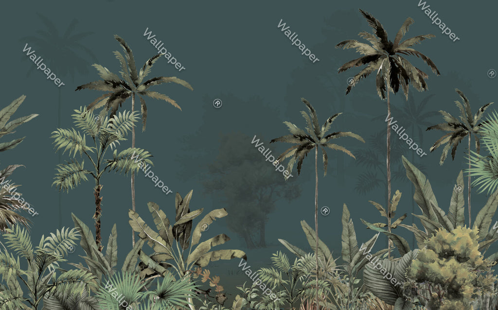 Misty Teal Palm Forest Wallpaper : Dark Tropical Jungle Mural - flat design