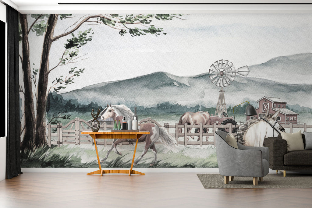 Watercolor Horse Farm Wallpaper : Countryside Windmill Mural - View 4