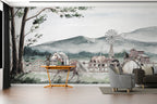Watercolor Horse Farm Wallpaper : Countryside Windmill Mural - View 4
