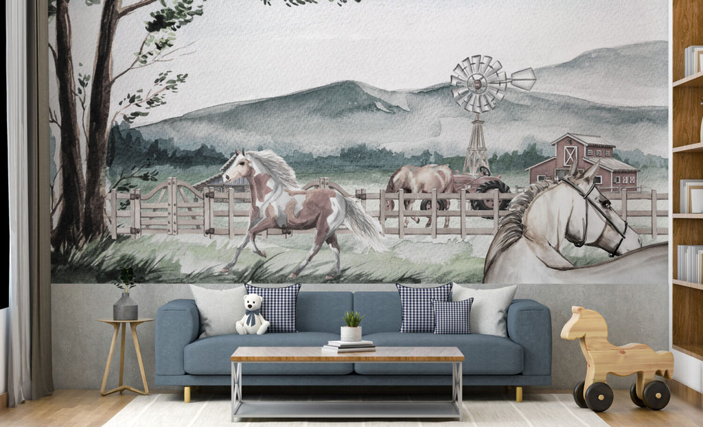Watercolor Horse Farm Wallpaper : Countryside Windmill Mural - View 5