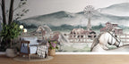 Watercolor Horse Farm Wallpaper : Countryside Windmill Mural