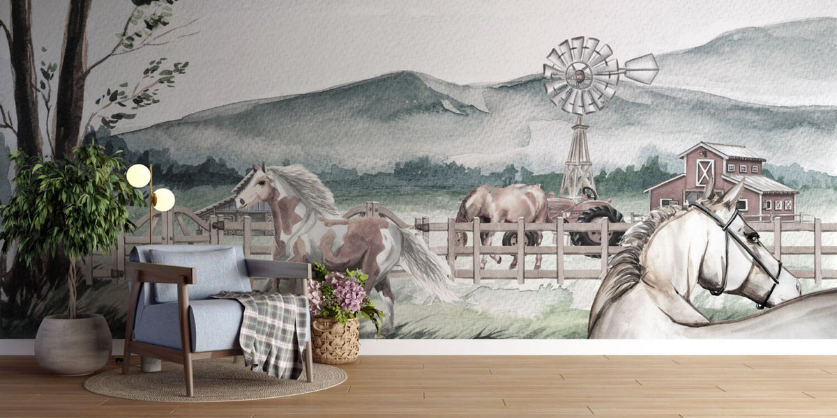 Watercolor Horse Farm Wallpaper : Countryside Windmill Mural