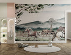 Watercolor Horse Farm Wallpaper : Countryside Windmill Mural - View 2