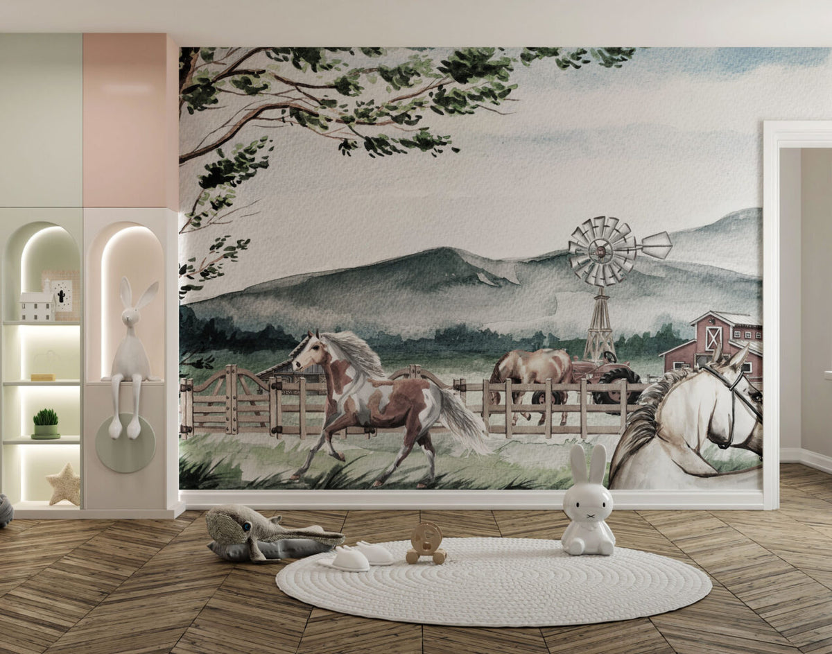 Watercolor Horse Farm Wallpaper : Countryside Windmill Mural - View 2