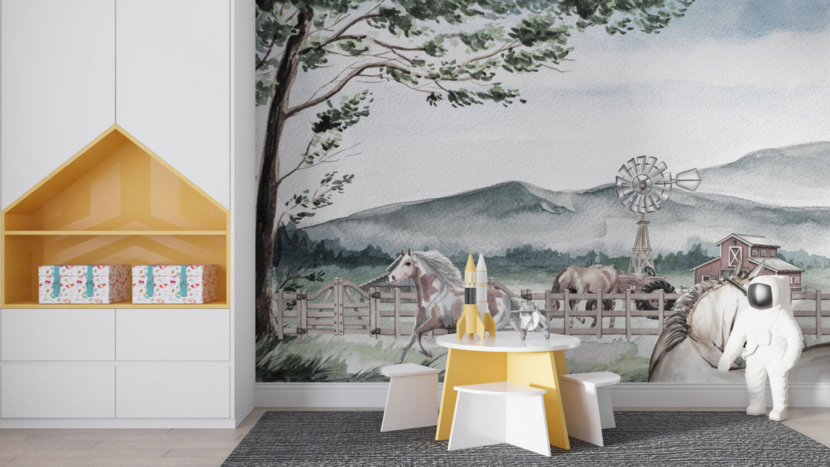 Watercolor Horse Farm Wallpaper : Countryside Windmill Mural - View 3