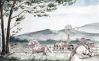 Watercolor Horse Farm Wallpaper : Countryside Windmill Mural - flat design