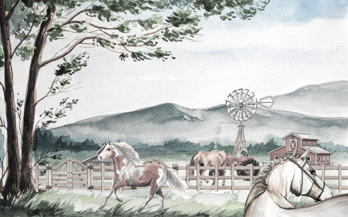 Watercolor Horse Farm Wallpaper : Countryside Windmill Mural - flat design