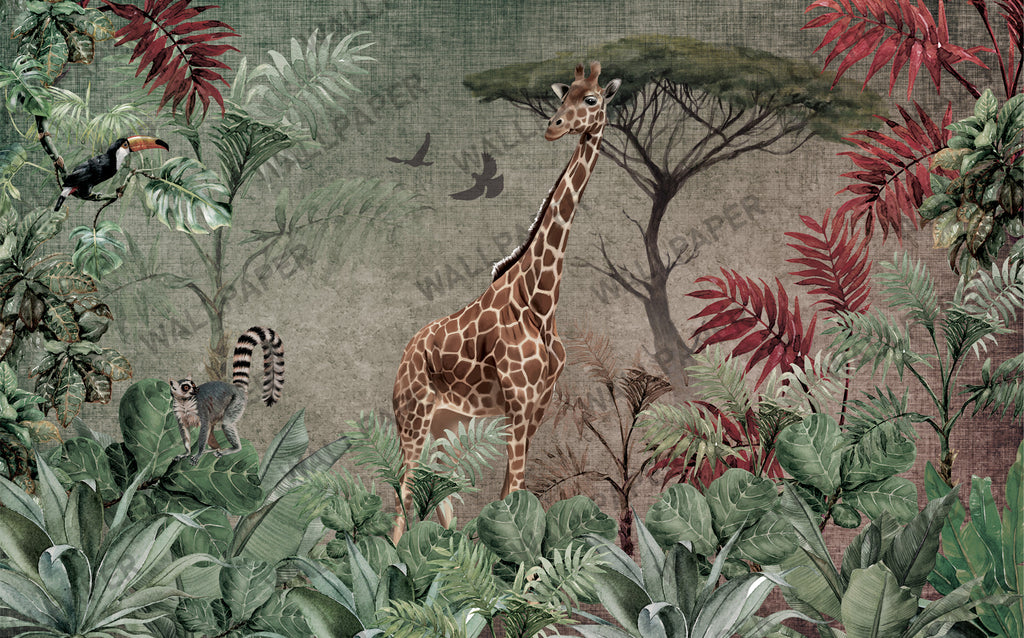 Giraffe Jungle Wallpaper : Red Leaf Safari Mural - flat design