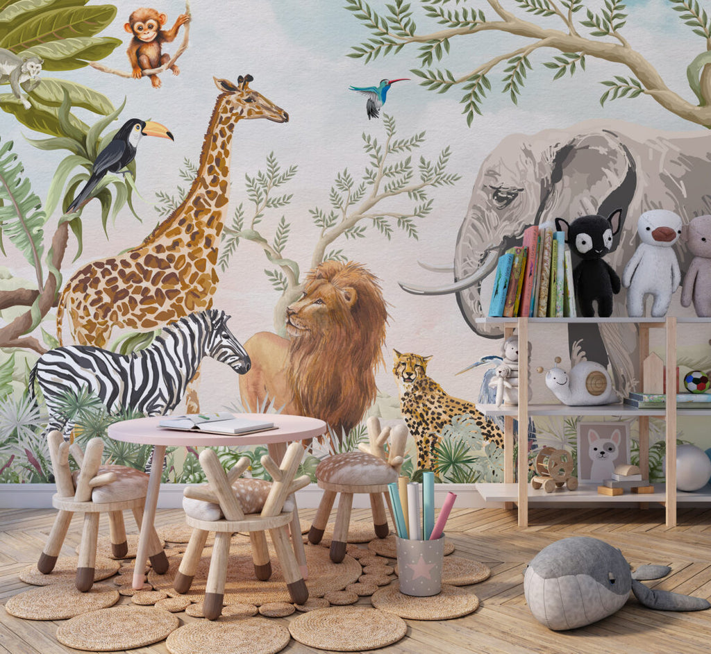 Safari Animal Kingdom Wallpaper : Watercolor Jungle Kids Mural - View 2