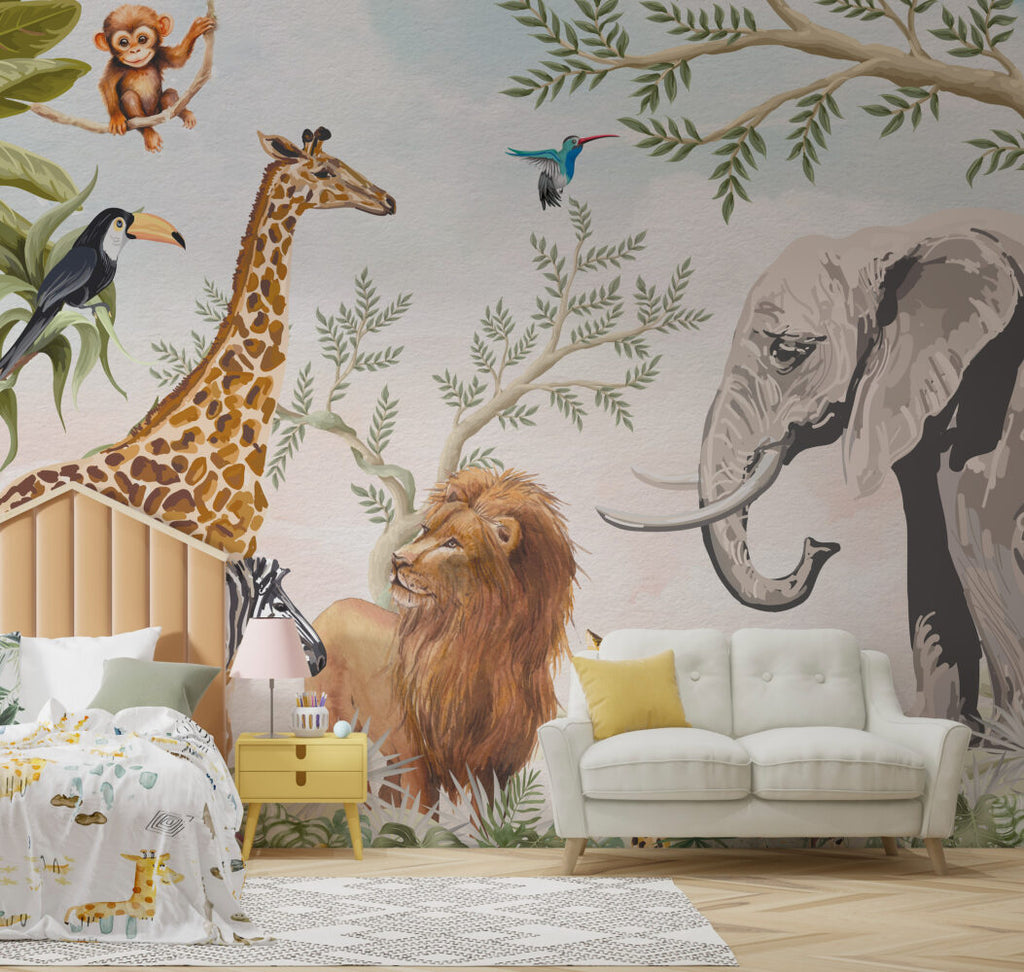 Safari Animal Kingdom Wallpaper : Watercolor Jungle Kids Mural - View 3