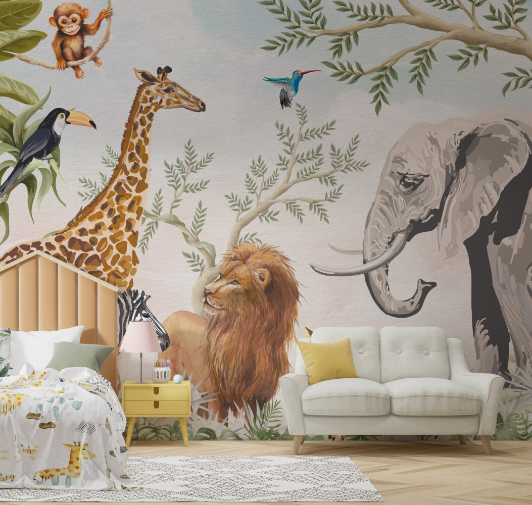 Safari Animal Kingdom Wallpaper : Watercolor Jungle Kids Mural - View 3