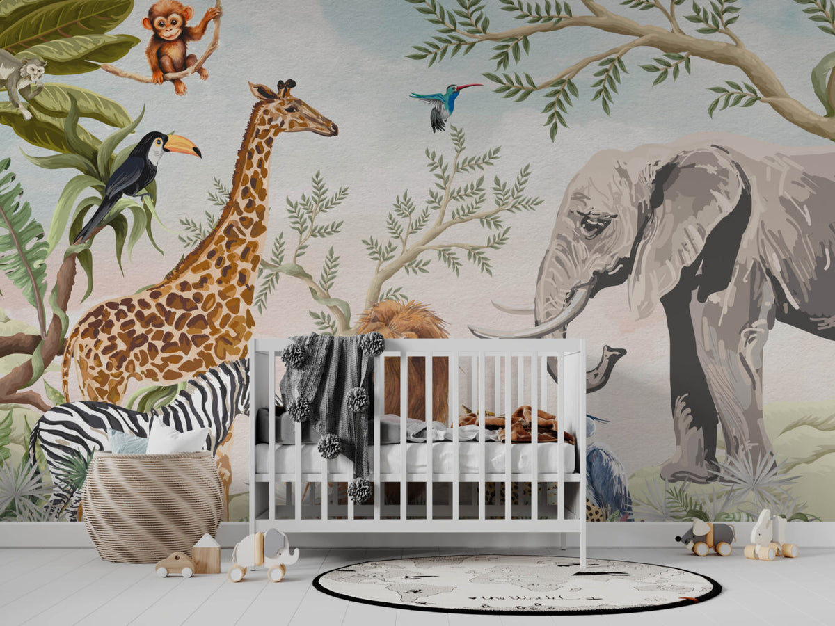 Safari Animal Kingdom Wallpaper : Watercolor Jungle Kids Mural - View 4