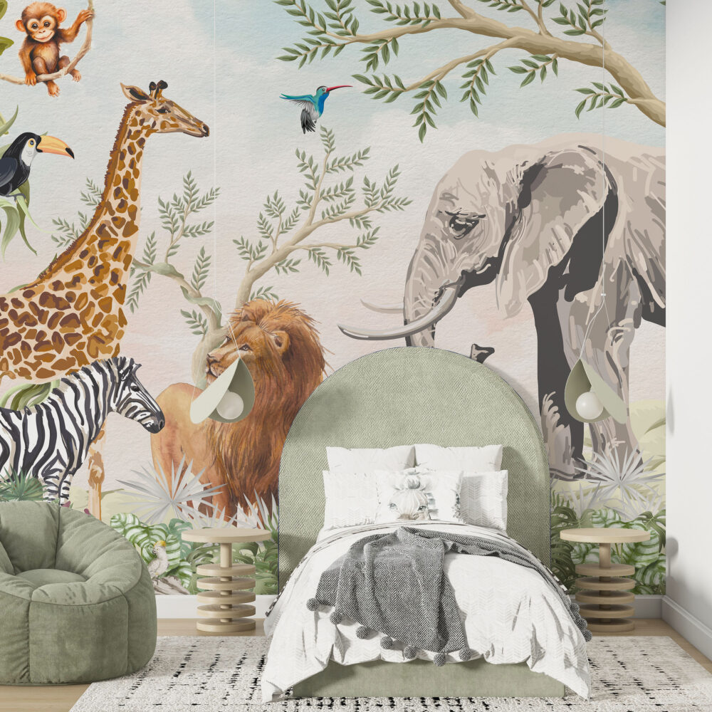 Safari Animal Kingdom Wallpaper : Watercolor Jungle Kids Mural