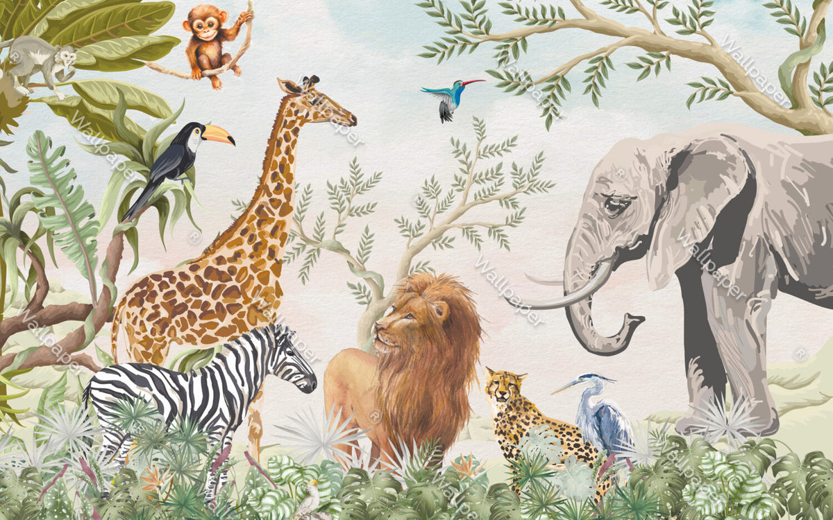 Safari Animal Kingdom Wallpaper : Watercolor Jungle Kids Mural - flat design